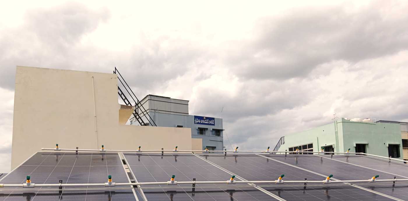 Aerial view of solar panel rows
