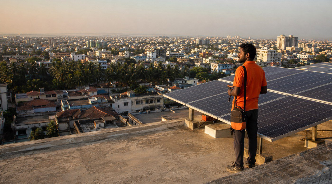 Heliocity technician on a rooftop installation overlooking the city